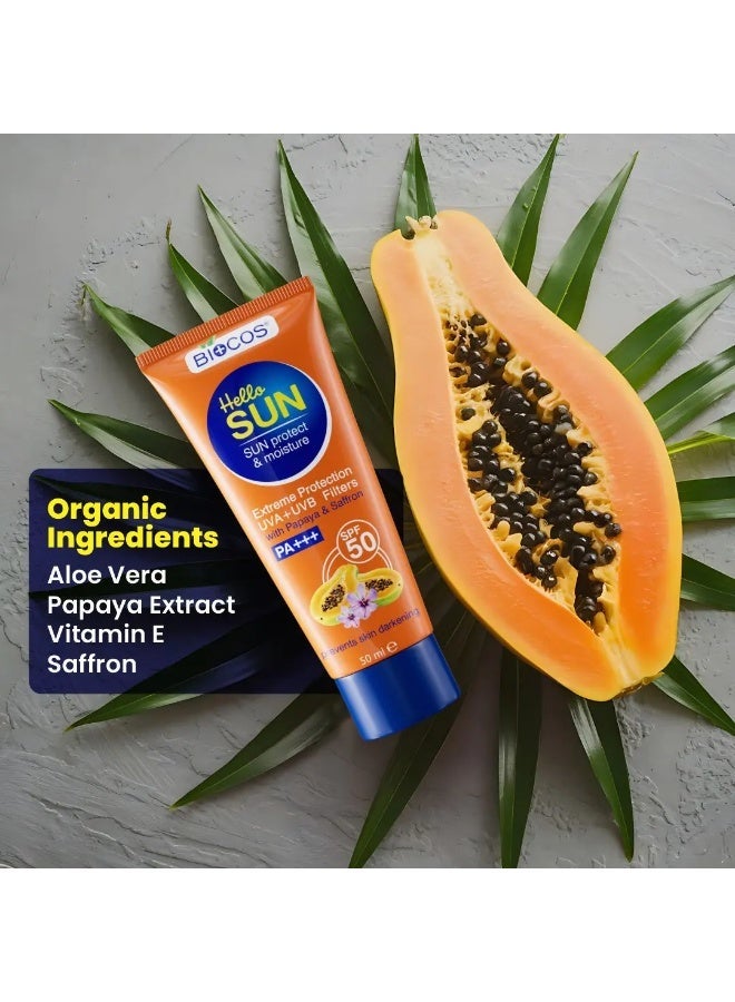 بيوكوس مستحضرات التجميل كريم BIOCOS واقي الشمس المرطب SPF 50 PA++++ للوجه – واقي شمس مع فيتامين E، البابايا، والزعفران للترطيب، حماية من UVA/UVB، بدون أثر أبيض، يمنع اسمرار البشرة وحب الشباب – 50 مل (عبوتان) - Image 3